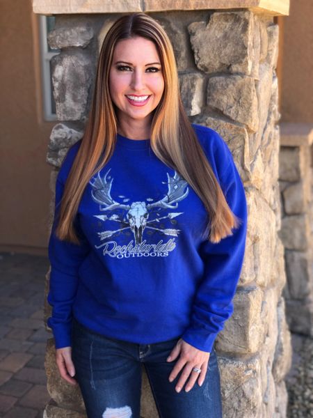 Rockstarlette Outdoors Archery Moose Logo Pullover Sweatshirt, Blue, S-3XL, Sz 0-26
