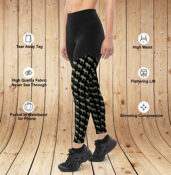 SALE 50% OFF, Compression Leggings, Moose Logo, Hidden Waistband Pocket,  S-XL