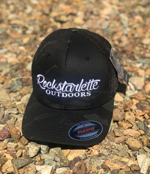 Flexfit Rockstarlette Outdoors Logo Black Camo Mesh Back Hat, NEW