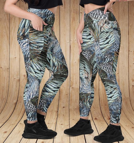 Turkey Feather Leggings with Pockets, Crossover Waistband, XS-3XL