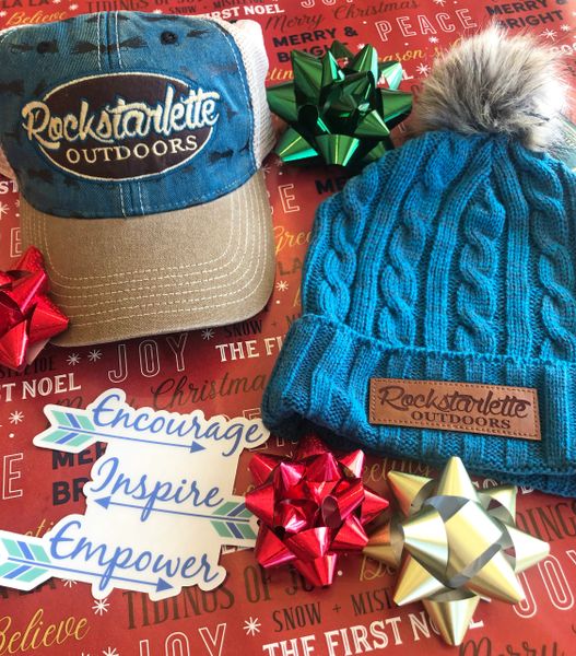 Discounted Gift Bundle: Blue Cable Knit with Pom Pom, Fishing Logo Hat, Sticker