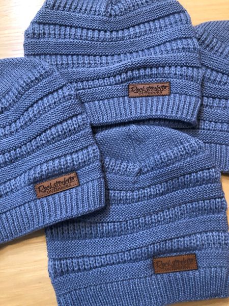 Cable Knit Beanie in Slate Blue with Leather Patch, NEW