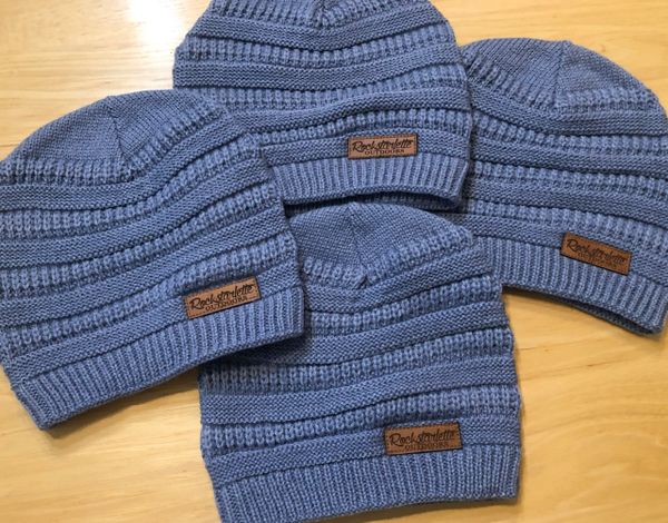 Slate Blue Cable Knit Slouch Beanie with Leather Patch, NEW