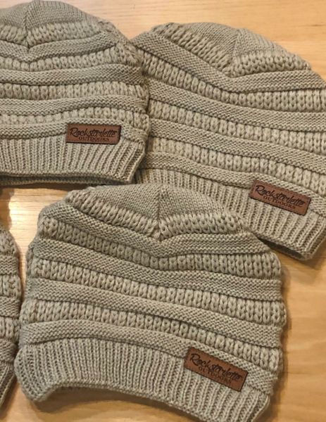 Stone Cable Knit Slouch Beanie with Leather Patch, NEW