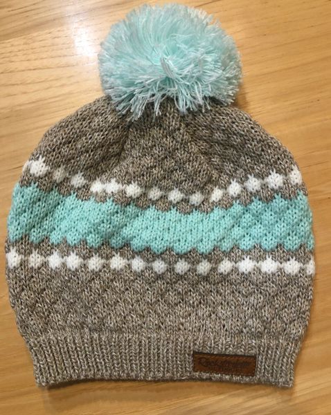 Diamond Knit Beanie in Oatmeal Mist with Pom Pom and Leather Patch, NEW