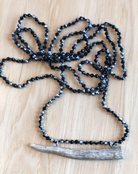 Limited Edition Antler Necklace, Iridescent Black & Gray Beads, 28 inch, with Deer Tine, FREE Shipping