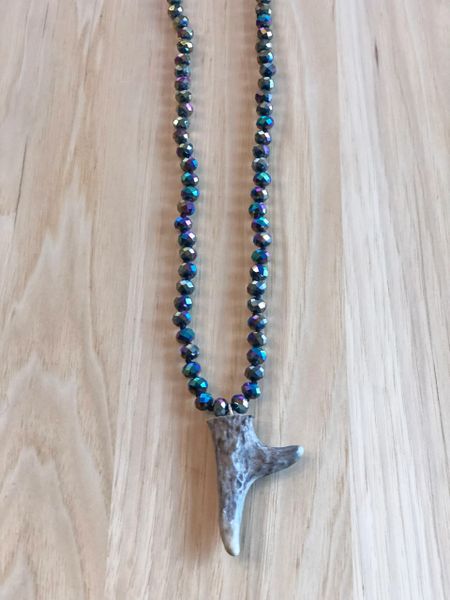 SALE 50% OFF Limited Edition Antler Necklace, Iridescent Beads with Deer Tine, FREE Shipping