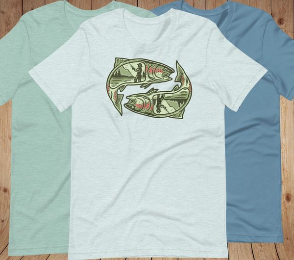 Trout Fishing Logo T Shirt in Ash, Mint or Lake, XS-4XL