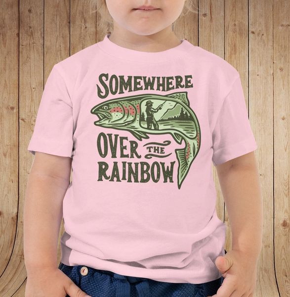 Youth Somewhere Over the Rainbow, Trout Fishing T Shirt, Pink or White, 2T-5T