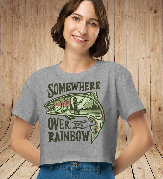 Somewhere Over the Rainbow, Cropped Fishing Logo T Shirt in Heather Grey, NEW