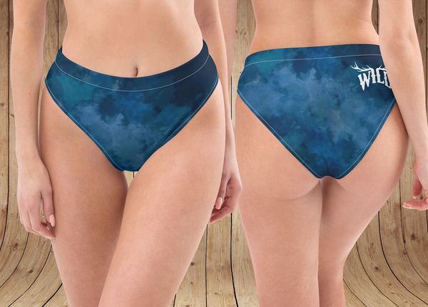 WILD Blue Watercolor High Waisted Bikini Bottom, UPF 50