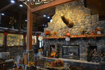 stone fireplace in the lobby