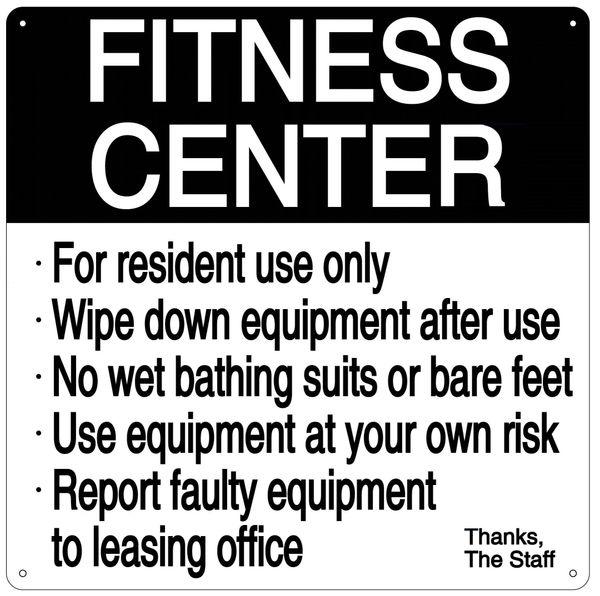 FITNESS CENTER RULES SIGN (ALUMINUM 14X14)