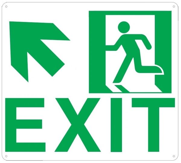 PHOTOLUMINESCENT EXIT SIGN HEAVY DUTY / GLOW IN THE DARK "EXIT" SIGN HEAVY DUTY (ALUMINUM SIGN 9 X 10 WITH UP LEFT ARROW AND RUNNING MAN)