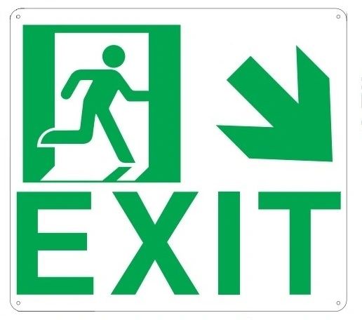 PHOTOLUMINESCENT EXIT SIGN HEAVY DUTY / GLOW IN THE DARK "EXIT" SIGN HEAVY DUTY (ALUMINUM SIGN 9 X 10 WITH DOWN RIGHT ARROW AND RUNNING MAN)