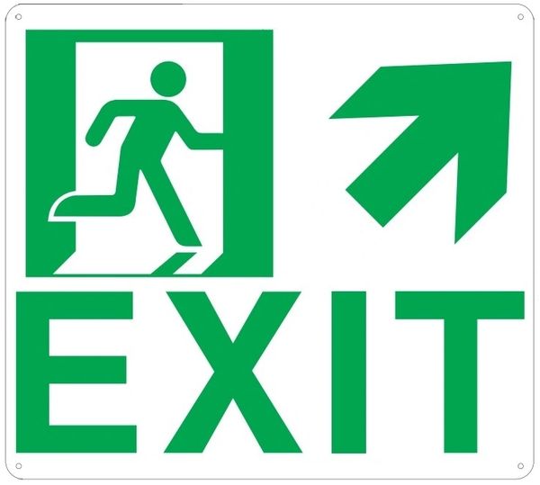 PHOTOLUMINESCENT EXIT SIGN HEAVY DUTY / GLOW IN THE DARK "EXIT" SIGN HEAVY DUTY (ALUMINUM SIGN 9 X 10 WITH UP RIGHT ARROW AND RUNNING MAN)