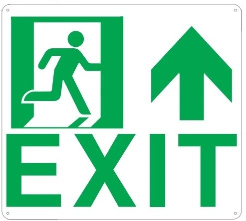 PHOTOLUMINESCENT EXIT SIGN HEAVY DUTY / GLOW IN THE DARK "EXIT" SIGN HEAVY DUTY (ALUMINUM SIGN 9 X 10 WITH UP ARROW AND RUNNING MAN)