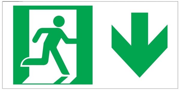 GLOW IN THE DARK HIGH INTENSITY SELF STICKING PVC GLOW IN DARK GUIDANCE SAFETY SIGN - "EXIT" SIGN 4.5X9 WITH RUNNING MAN AND DOWN ARROW