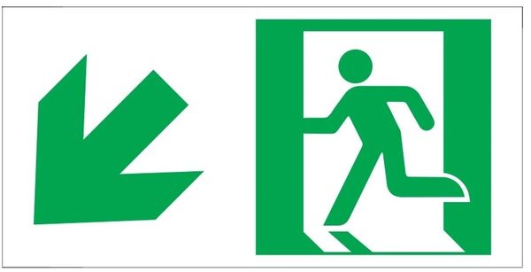GLOW IN THE DARK HIGH INTENSITY SELF STICKING PVC GLOW IN THE DARK SAFETY GUIDANCE SIGN - "EXIT" SIGN 4.5X9 WITH RUNNING MAN AND DOWN LEFT ARROW