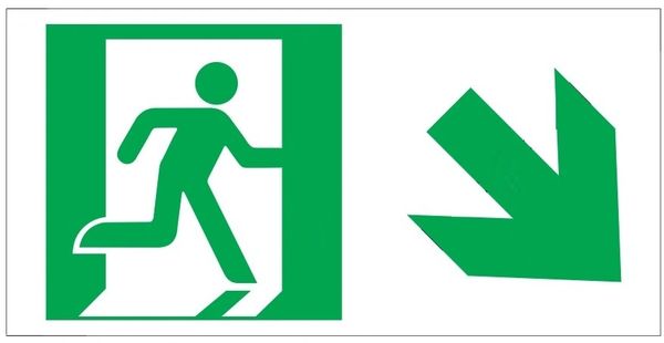 GLOW IN THE DARK HIGH INTENSITY SELF STICKING PVC GLOW IN THE DARK SAFETY GUIDANCE SIGN - "EXIT" SIGN 4.5X9 WITH RUNNING MAN AND DOWN RIGHT ARROW