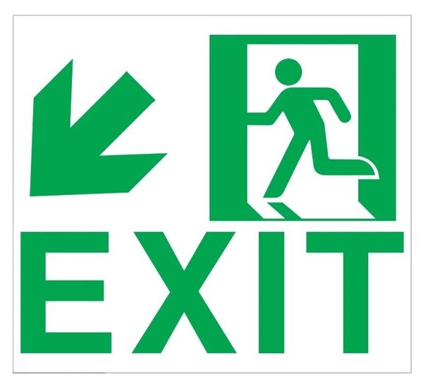 GLOW IN THE DARK HIGH INTENSITY SELF STICKING PVC GLOW IN THE DARK SAFETY GUIDANCE SIGN - "EXIT" SIGN 9X10 WITH RUNNING MAN AND DOWN LEFT ARROW