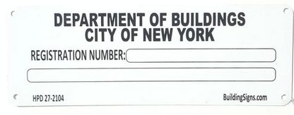 BUILDING REGISTRATION NUMBER (Serial Number Signage HMC §27-2104,WHITE ALUMINUM SIGN)