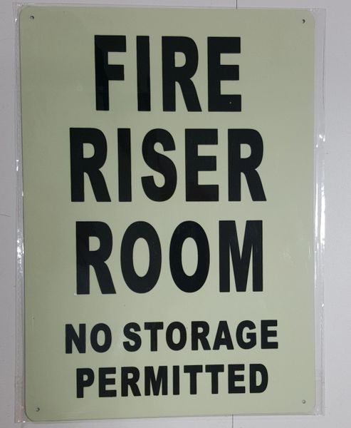 FIRE RISER ROOM NO STORAGE PERMITTED SIGN - PHOTOLUMINESCENT GLOW IN THE DARK SIGN (PHOTOLUMINESCENT ALUMINUM SIGNS 14X10)