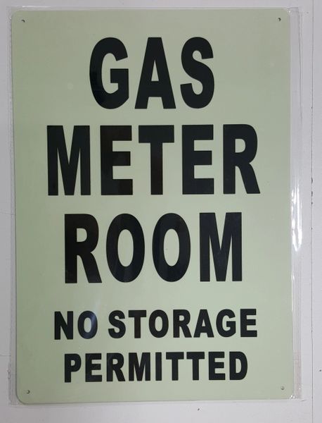 GAS METER ROOM NO STORAGE PERMITTED SIGN - PHOTOLUMINESCENT GLOW IN THE DARK SIGN (PHOTOLUMINESCENT ALUMINUM SIGNS 14X10)