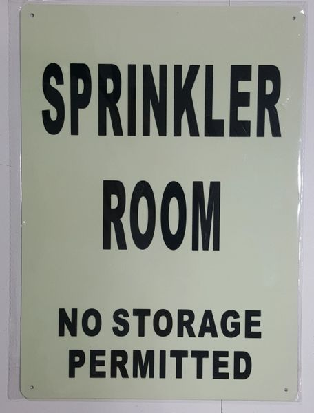SPRINKLER ROOM NO STORAGE PERMITTED SIGN - PHOTOLUMINESCENT GLOW IN THE DARK SIGN (PHOTOLUMINESCENT ALUMINUM SIGNS 14X10)
