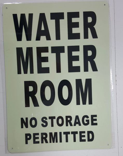 WATER METER ROOM NO STORAGE PERMITTED SIGN - PHOTOLUMINESCENT GLOW IN THE DARK SIGN (PHOTOLUMINESCENT ALUMINUM SIGNS 14X10)