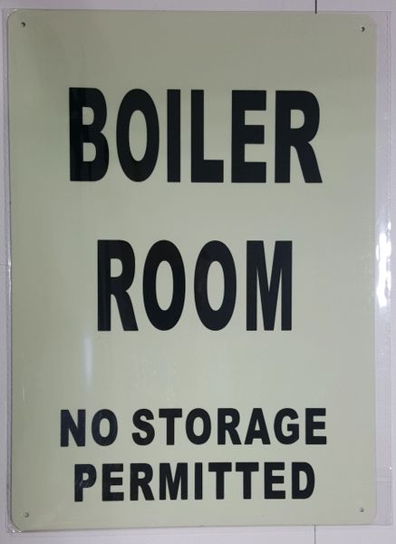 BOILER ROOM NO STORAGE PERMITTED SIGN - PHOTOLUMINESCENT GLOW IN THE DARK SIGN (PHOTOLUMINESCENT ALUMINUM SIGNS 14X10)