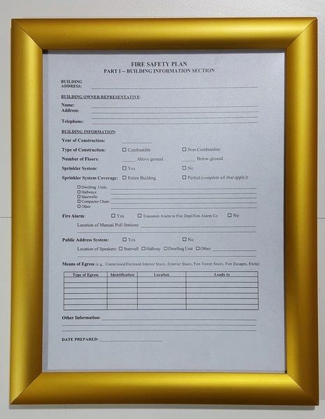 FIRE SAFETY PLAN FRAME - GOLD (STANDARD - ALUMINUM 8.5x11) (SAFETY- PLAN FRAMES 8.5X11)