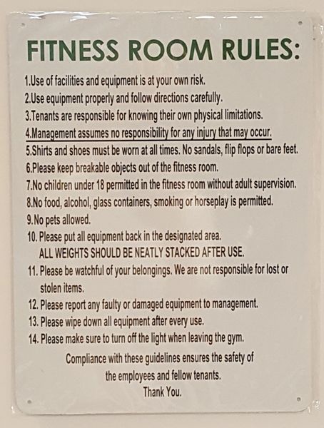 FITNESS ROOM RULES SIGN- WHITE BACKGROUND (ALUMINUM SIGNS 16X12)