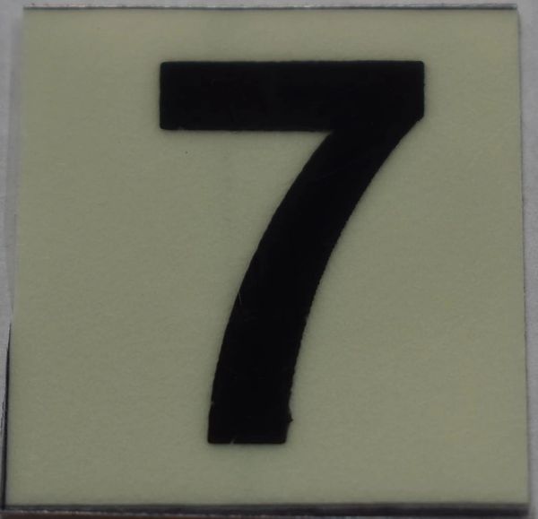 PHOTOLUMINESCENT DOOR NUMBER 7 SIGN (GLOW IN THE DARK HIGH INTENSITY SELF STICKING PVC HEAVY DUTY STICKER SIGN AND APT # MARKING 1X1)