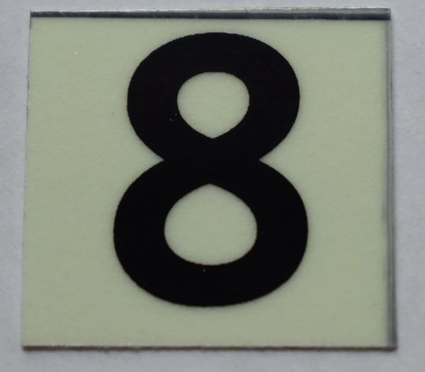 PHOTOLUMINESCENT DOOR NUMBER 8 SIGN (GLOW IN THE DARK HIGH INTENSITY SELF STICKING PVC HEAVY DUTY STICKER SIGN AND APT # MARKING 1X1)