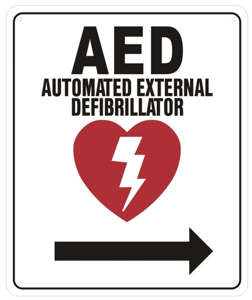 AED RIGHT SIGN- AUTOMATED DEFIBRILLATOR TO THE RIGHT SIGN (ALUMINUM SIGNS 12X10)