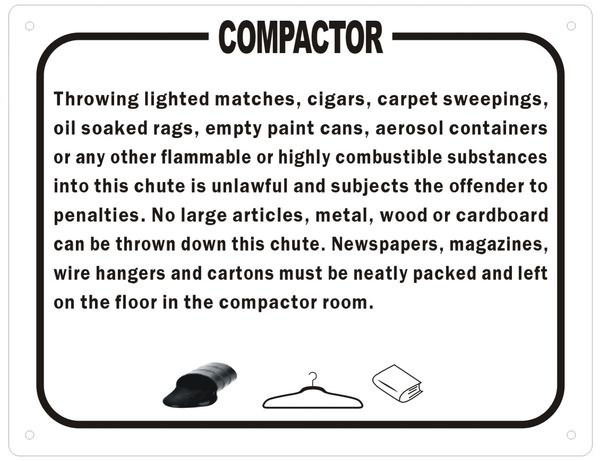 COMPACTOR ROOM RULES SIGN (ALUMINUM SIGNS 8.5X11)