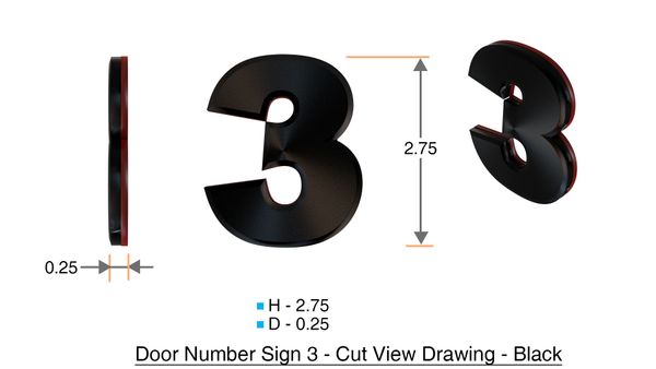 z- APARTMENT, DOOR AND MAILBOX NUMBER THREE SIGN - 3 SIGN- BLACK (HIGH QUALITY PLASTIC DOOR SIGNS 0.25 THICK)