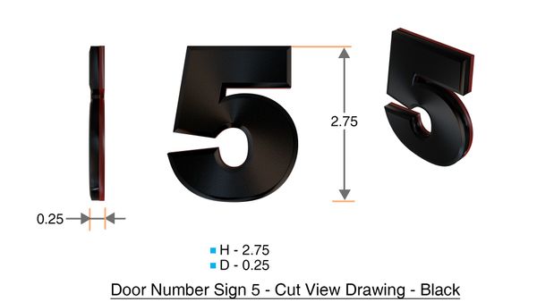 z- APARTMENT, DOOR AND MAILBOX NUMBER FIVE SIGN - 5 SIGN- BLACK (HIGH QUALITY PLASTIC DOOR SIGNS 0.25 THICK)