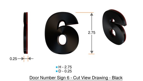 z- APARTMENT, DOOR AND MAILBOX NUMBER SIX SIGN - 6 SIGN- BLACK (HIGH QUALITY PLASTIC DOOR SIGNS 0.25 THICK)