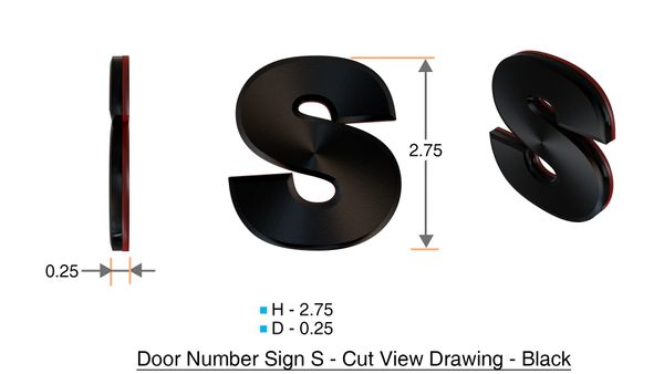 z- APARTMENT, DOOR AND MAILBOX LETTER S SIGN - LETTER SIGN S- BLACK (HIGH QUALITY PLASTIC DOOR SIGNS 0.25 THICK)