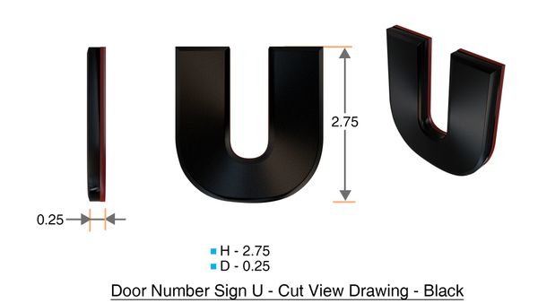 z- APARTMENT, DOOR AND MAILBOX LETTER U SIGN - LETTER SIGN U- BLACK (HIGH QUALITY PLASTIC DOOR SIGNS 0.25 THICK)