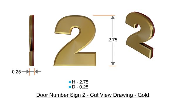 z- APARTMENT, DOOR AND MAILBOX NUMBER TWO SIGN - 2 SIGN- GOLD (HIGH QUALITY PLASTIC DOOR SIGNS 0.25 THICK)