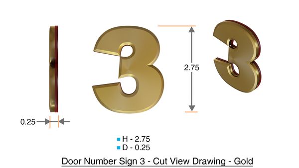 z- APARTMENT, DOOR AND MAILBOX NUMBER THREE SIGN - 3 SIGN- GOLD (HIGH QUALITY PLASTIC DOOR SIGNS 0.25 THICK)