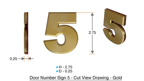 z- APARTMENT, DOOR AND MAILBOX NUMBER FIVE SIGN - 5 SIGN- GOLD (HIGH QUALITY PLASTIC DOOR SIGNS 0.25 THICK)