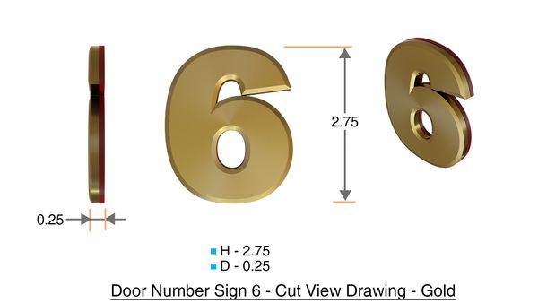 z- APARTMENT, DOOR AND MAILBOX NUMBER SIX SIGN - 6 SIGN- GOLD (HIGH QUALITY PLASTIC DOOR SIGNS 0.25 THICK)