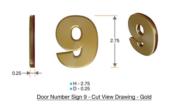 z- APARTMENT, DOOR AND MAILBOX NUMBER NINE SIGN - 9 SIGN- GOLD (HIGH QUALITY PLASTIC DOOR SIGNS 0.25 THICK)