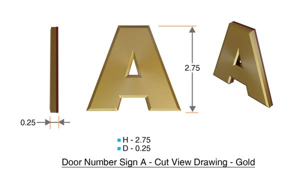 APARTMENT, DOOR AND MAILBOX LETTER A SIGN - LETTER SIGN A- GOLD -THE TRIDIMENSIONALE LINE