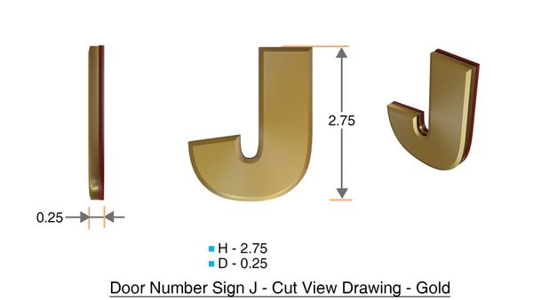 z- APARTMENT, DOOR AND MAILBOX LETTER J SIGN - LETTER SIGN J- GOLD (HIGH QUALITY PLASTIC DOOR SIGNS 0.25 THICK)