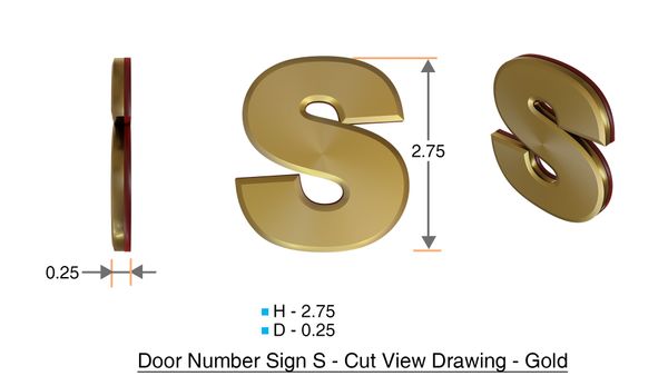 z- APARTMENT, DOOR AND MAILBOX LETTER S SIGN - LETTER SIGN S- GOLD (HIGH QUALITY PLASTIC DOOR SIGNS 0.25 THICK)